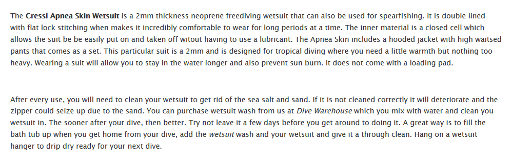 apnea skin 2mm wetsuit details