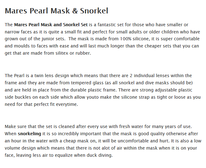 mares mask and snorkel information