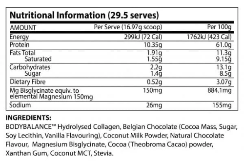 noway hot chocolate nutrition panel