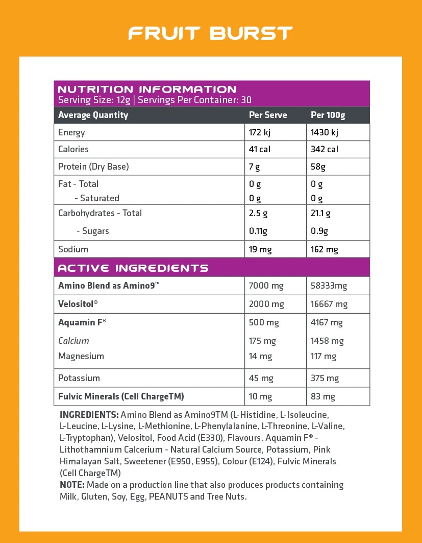 Alien Rise EAA and BCAA nutrition panel