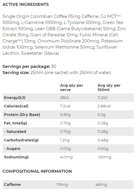 octane coffee nutrition panel