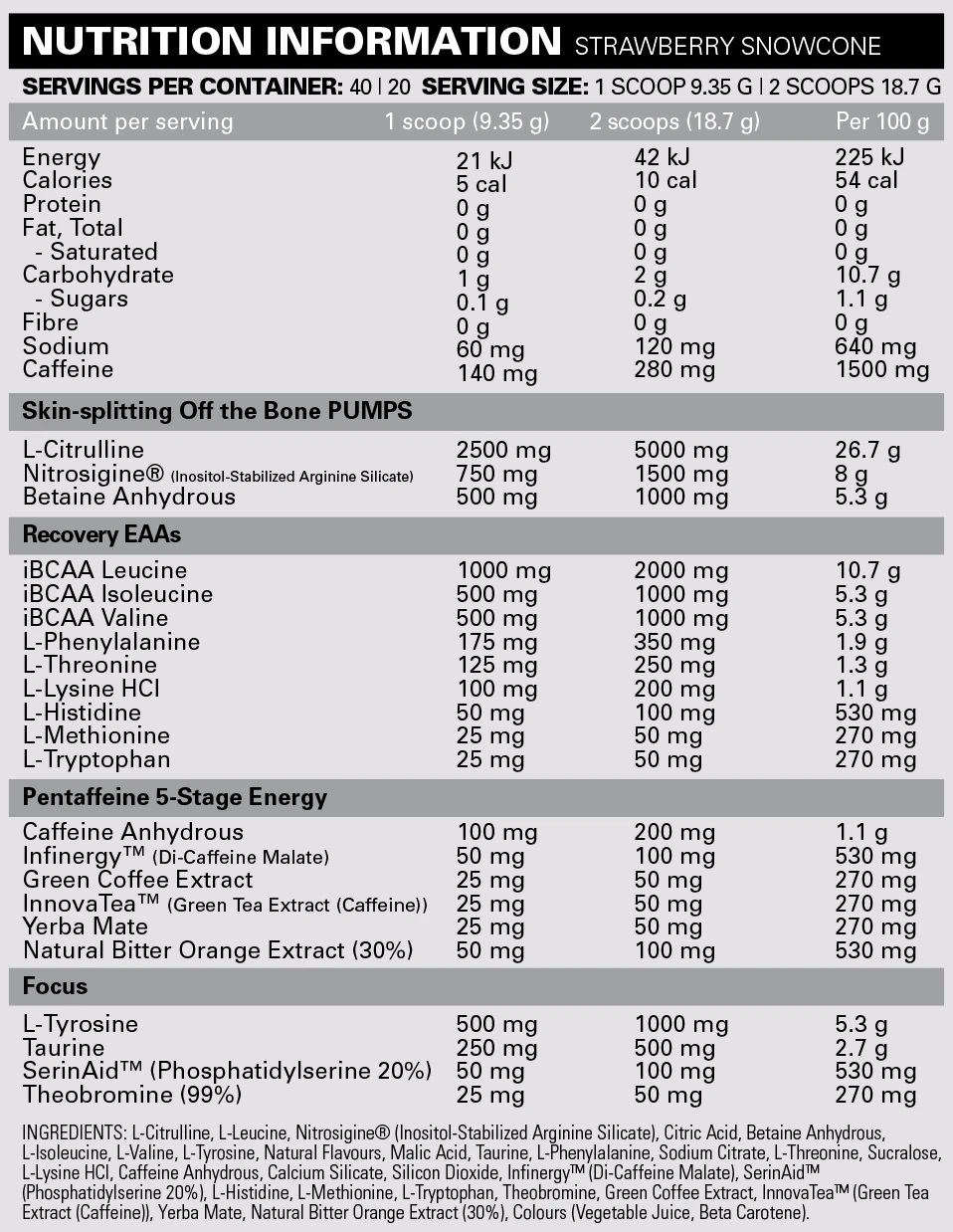 Nutrtional Information Pride Pre Workout