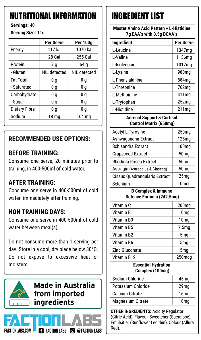 Faction Labs Core 9 EAA Nutritional Information