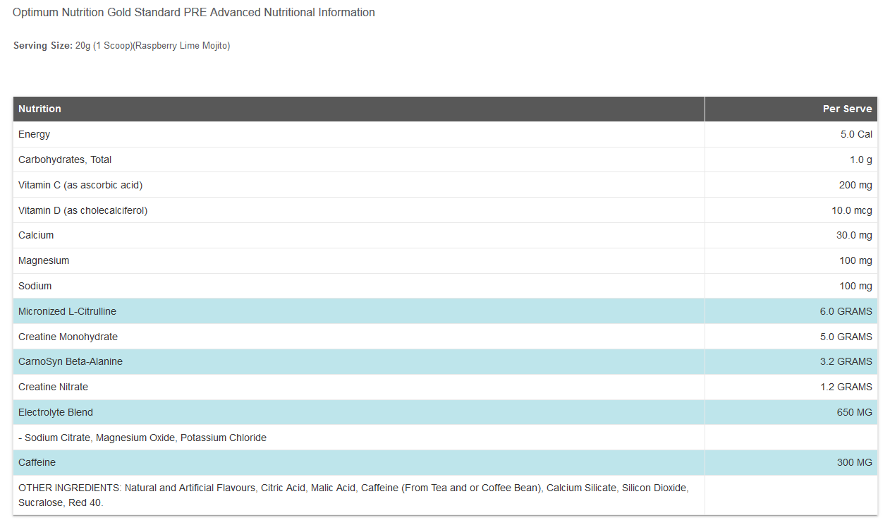 Pre-Workout Advanced Nutritional Information