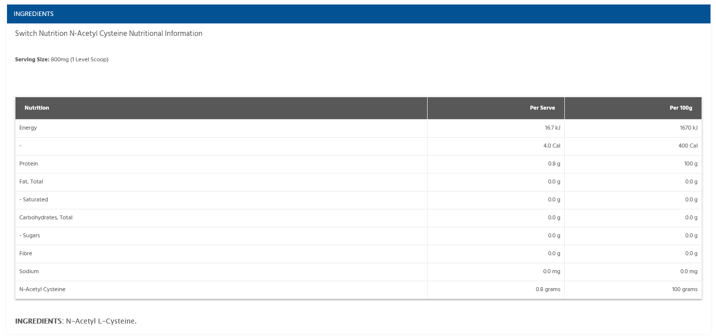 Switch N-Acetyl Cysteine Ingredients