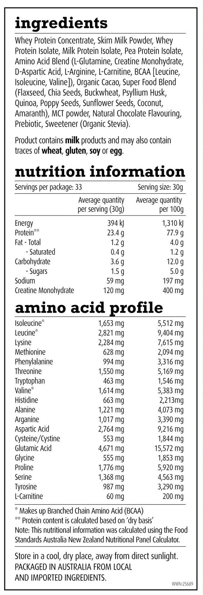 Chocolate nutrition panel