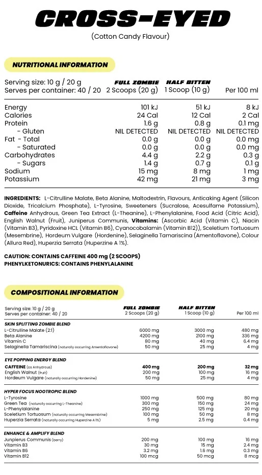 zombie pre workout nutrition panel